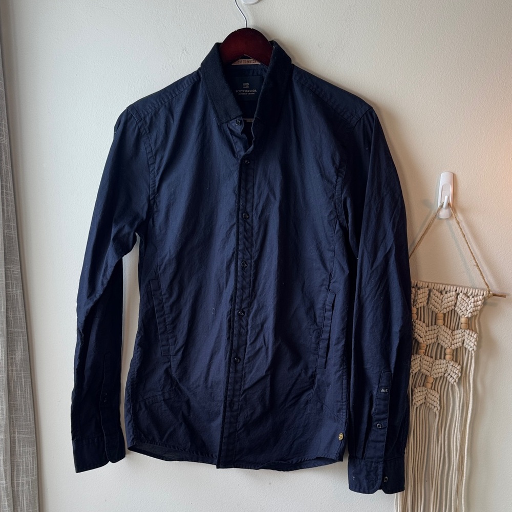 EUC Men's Scotch & Soda Slim Blue Cotton Button Up Black Wool Trim M